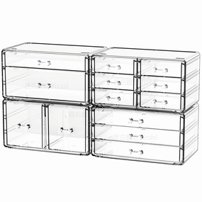 Cq acrylic 4 Pack Clear Acrylic Drawer Organizer Countertop,Stackable 13 Drawers Makeup Storage, Cube Make up Organizer for dresser Hair Clip,Beauty Product Desk and Bathroom Organizers and Storage