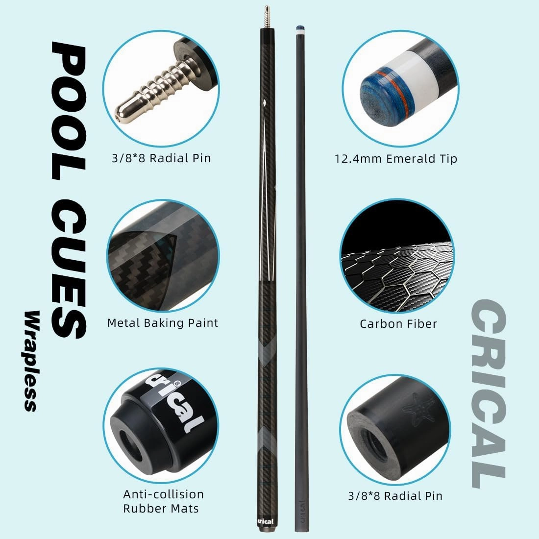 CRICAL Carbon Fiber Pool Cue Stick 58" Billiard Cue Sticks Professional Low Deflection Pool Sticks with 3/8 * 8 Pin Joint and 12.5mm Tip