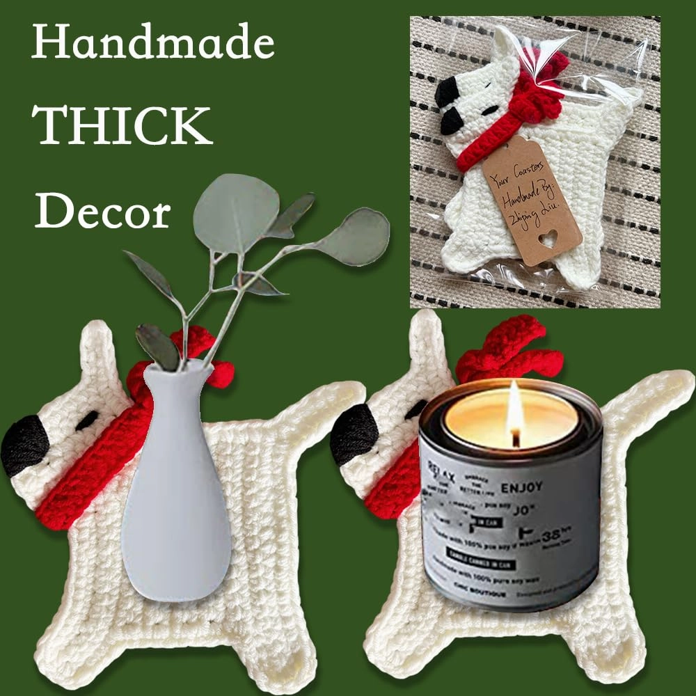 Crochet Designer Handmade Coasters Set, for All Drinks, Vases, Glass. Updated Great Housewarming Gift Idea. Ins Style absorbent suit for coffee hot tea cold drink. (Puppy)