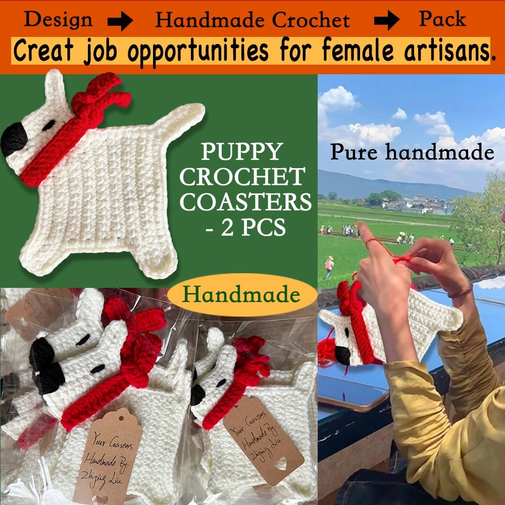 Crochet Designer Handmade Coasters Set, for All Drinks, Vases, Glass. Updated Great Housewarming Gift Idea. Ins Style absorbent suit for coffee hot tea cold drink. (Puppy)
