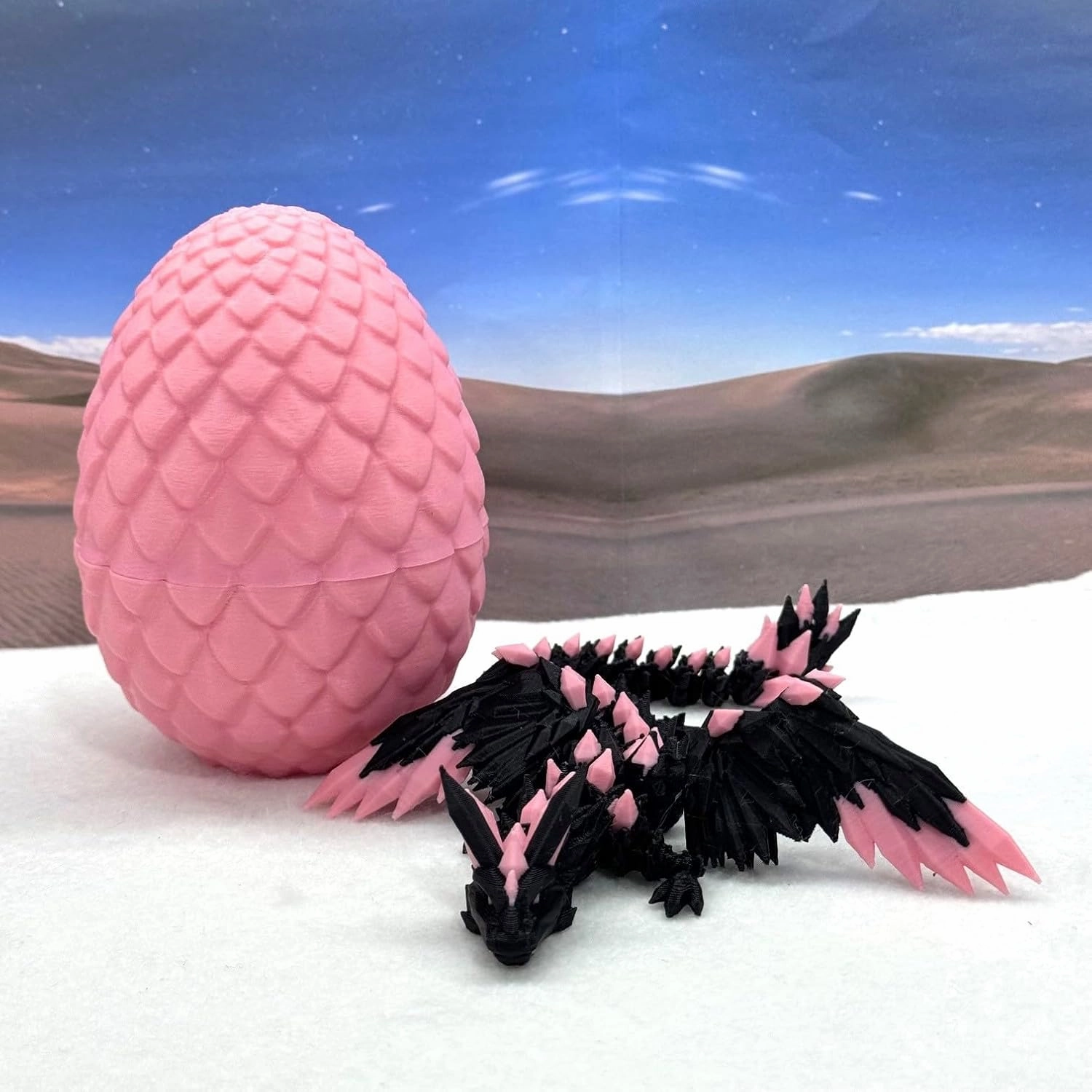 Crystal Winged Dragon with Egg, Articulated 3D Printed Black and Pink Crystal Fidget Stress Relief Toy CW003-PE