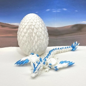 Crystal Winged Dragon with Egg, Articulated 3D Printed White and Blue Crystal Dragon, Fidget Stress Relief Toy for ADHD and Autism, CW002WB