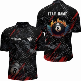 Customized Billiard Jerseys, 8 Ball Shirt, Billiards Shirts for Men, Red Grunge 8 Ball Quarter-Zip Pool