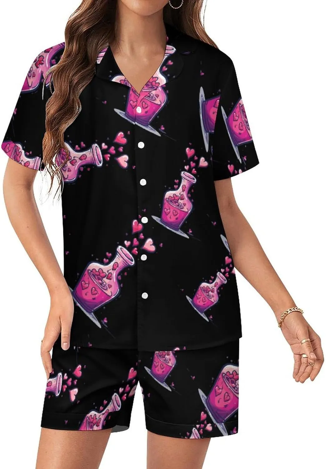 Cute And Fun Chemistry Women's Satin Pajama Set Short Sleeve Button Down Sleepwear Loungewear Pj Set