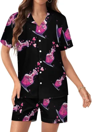 Cute And Fun Chemistry Women's Satin Pajama Set Short Sleeve Button Down Sleepwear Loungewear Pj Set