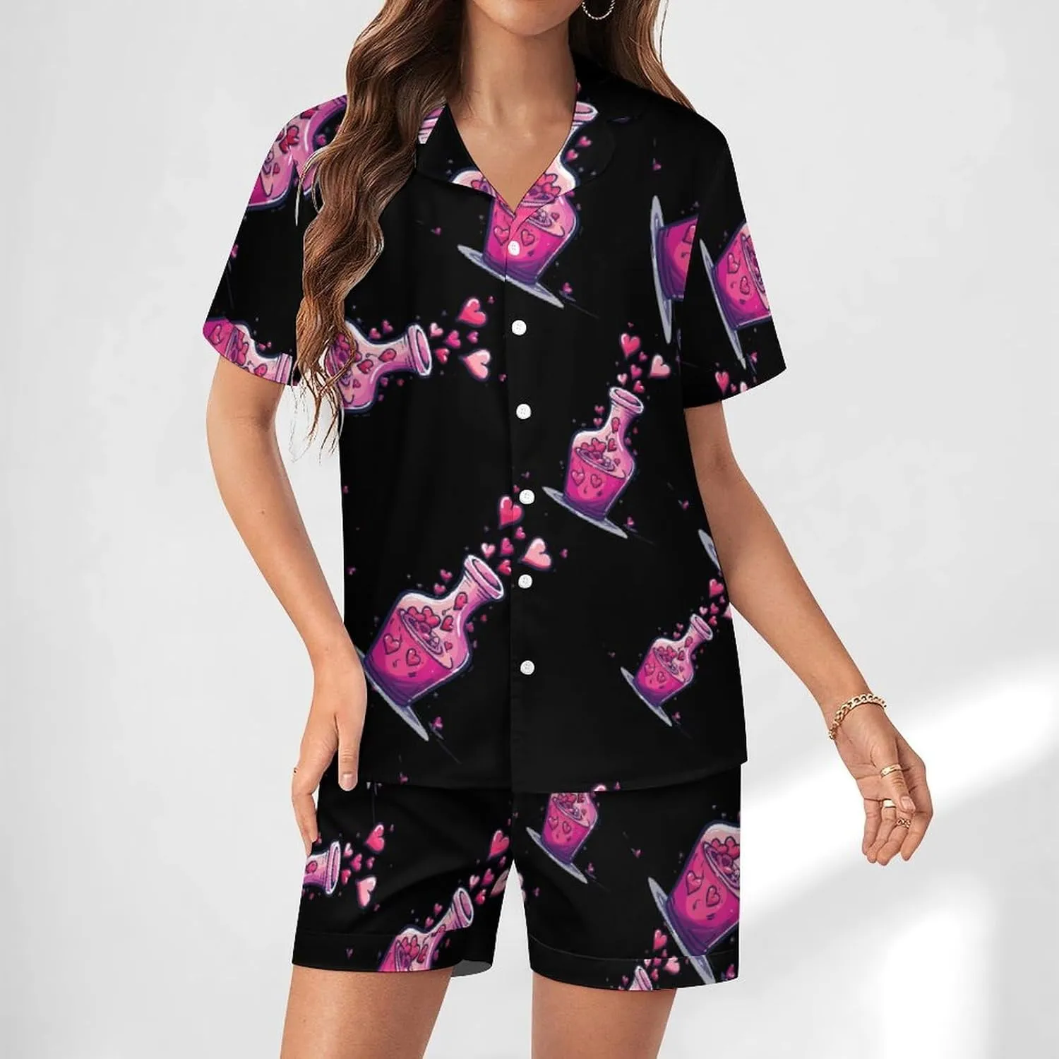 Cute And Fun Chemistry Women's Satin Pajama Set Short Sleeve Button Down Sleepwear Loungewear Pj Set