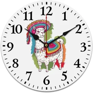 Cute Mexico Llama Alpaca Wall Clock Silent Non-Ticking Battery Operated Wooden Clock Decoration for Home Office Living Room