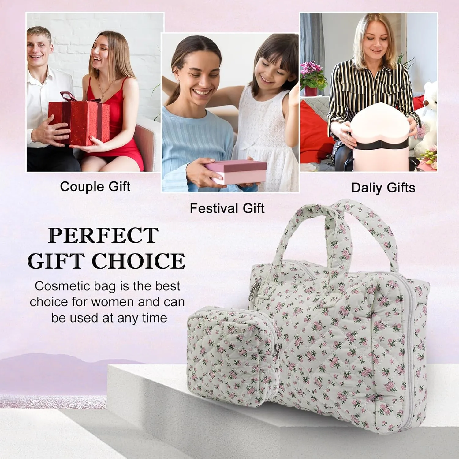 Cute Quilted Floral Makeup Bag(2Pcs)，Coquette Aesthetic Cosmetic Bag，Travel Toiletry Bags， Kawaii Aesthetic pouch for Women (12-Pink)