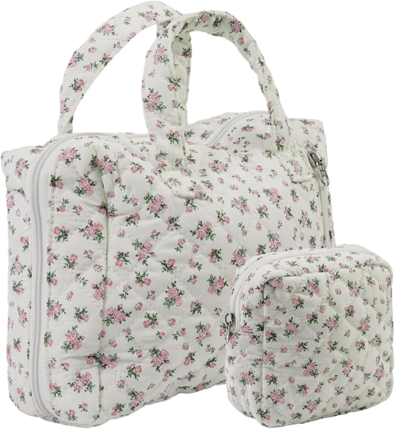 Cute Quilted Floral Makeup Bag(2Pcs)，Coquette Aesthetic Cosmetic Bag，Travel Toiletry Bags， Kawaii Aesthetic pouch for Women (12-Pink)