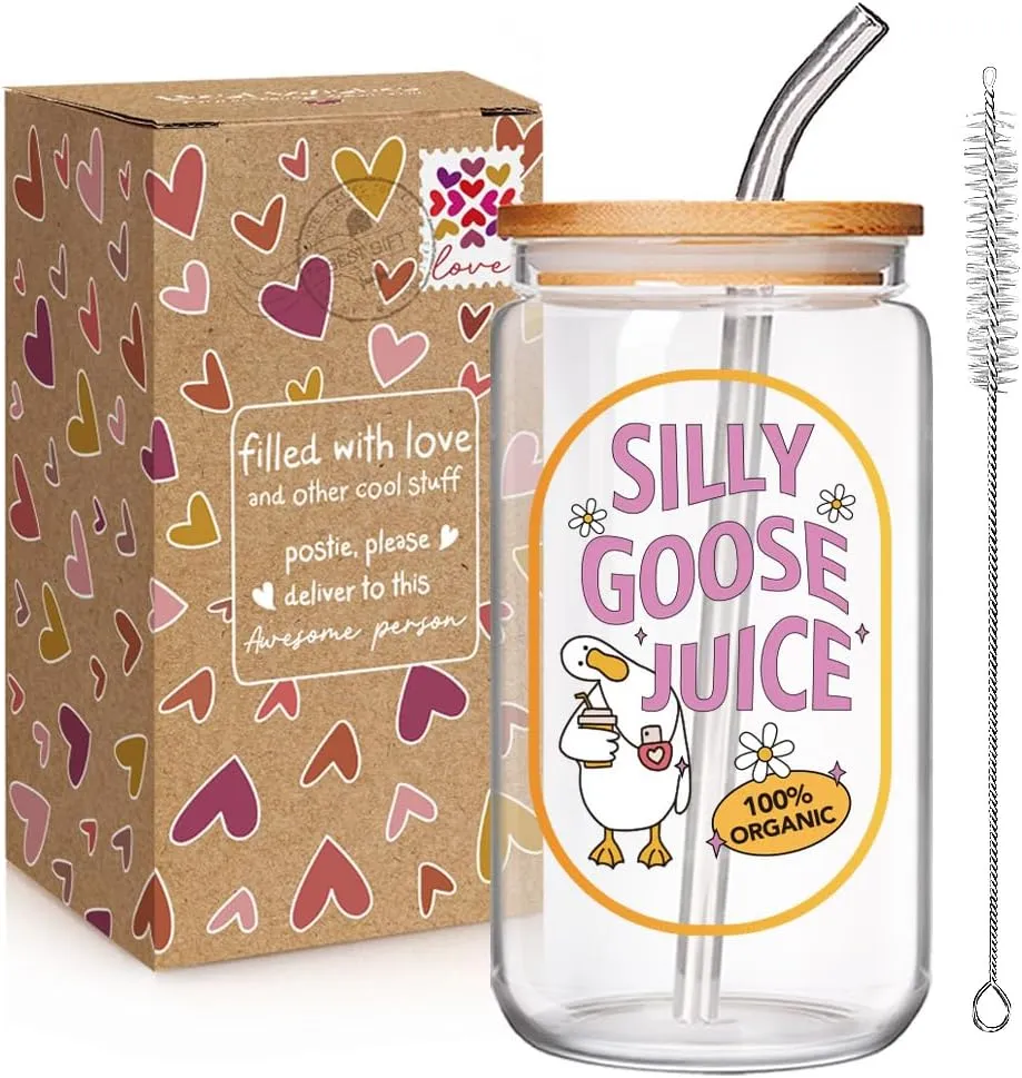Cute Silly Goose Glass Cup Funny Goose Lovers Gift for Women, Silly Goose Juice Goose Cup, Birthday Gifts for Daughter, Sister, Friends, Wife, Mom, BFF, Coworkers, Fun Gag Goose Handbag Animal Gift