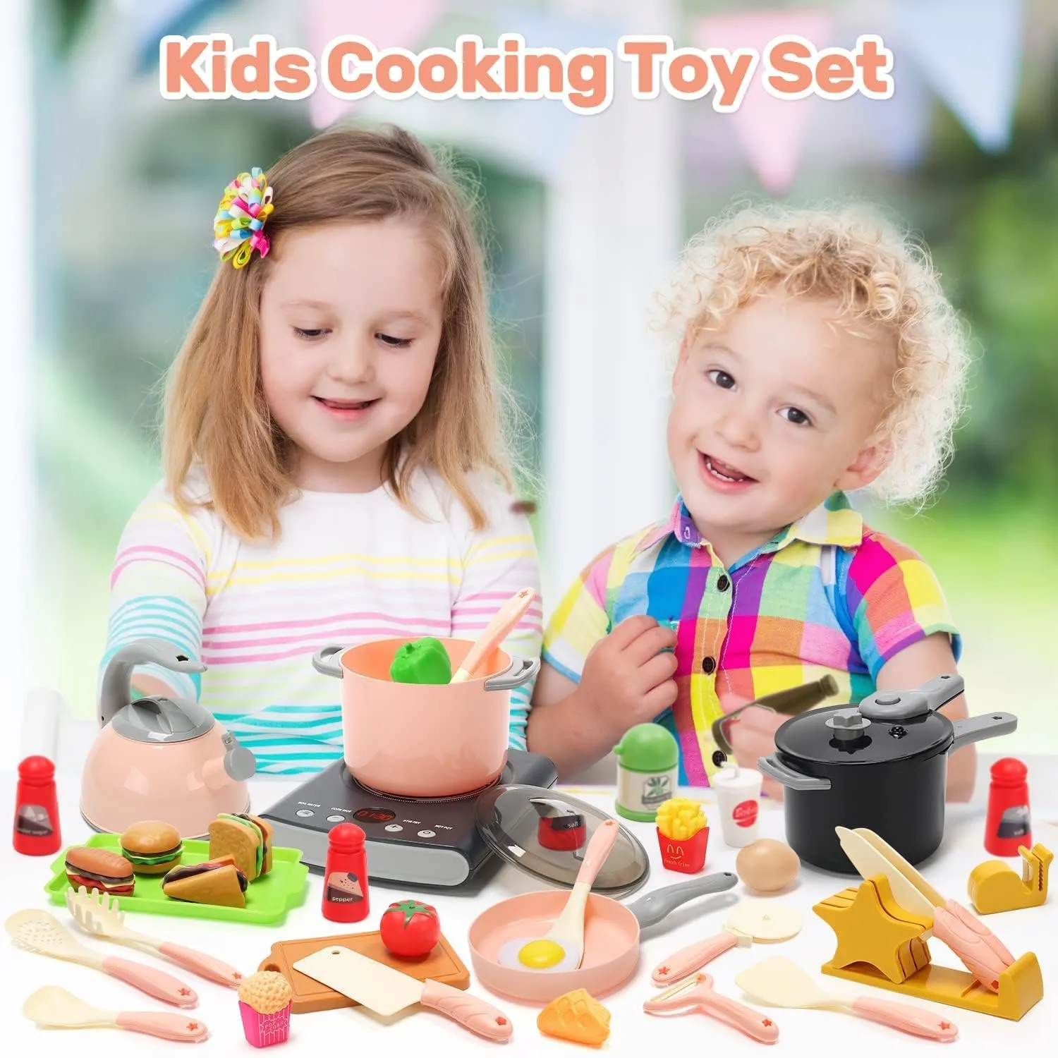 CUTE STONE Play Kitchen Accessories Set, Kids Cooking Toys Set with Play Pots and Pans, Electronic Induction Cooktop with Sound and Light, Cookware Utensils Kids Kitchen Set Kitchen Toys for Kids