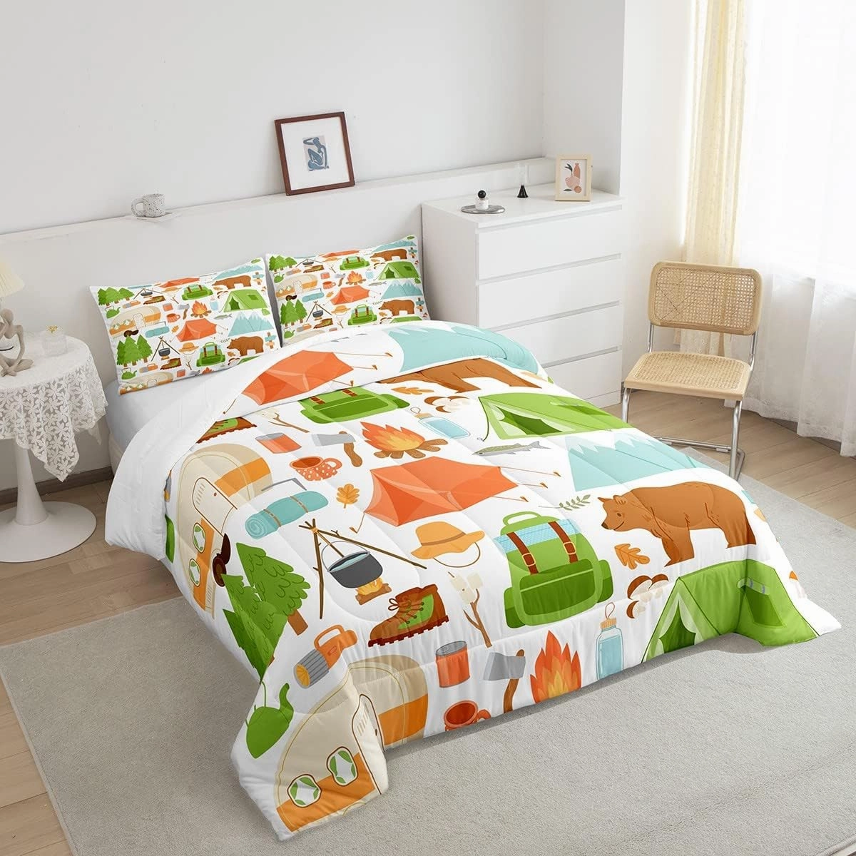 Cute Camper Car Comforter Set Twin, Happy Camping Bedding Sets for Kids Girls Boys, Woodland Bear Hunting Theme Quilt Set, Camper Accessories Bedding, Travel Trailers Rv Decoration Down Comforter