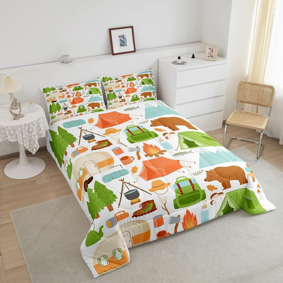 Cute Camper Car Comforter Set Twin, Happy Camping Bedding Sets for Kids Girls Boys, Woodland Bear Hunting Theme Quilt Set, Camper Accessories Bedding, Travel Trailers Rv Decoration Down Comforter
