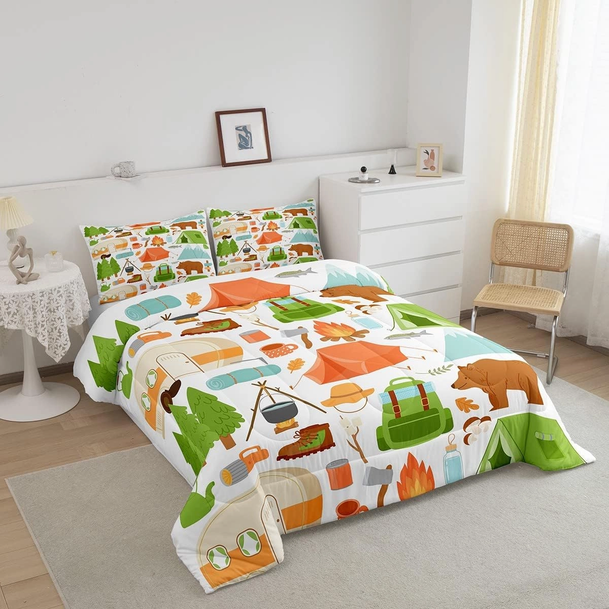 Cute Camper Car Comforter Set Twin, Happy Camping Bedding Sets for Kids Girls Boys, Woodland Bear Hunting Theme Quilt Set, Camper Accessories Bedding, Travel Trailers Rv Decoration Down Comforter