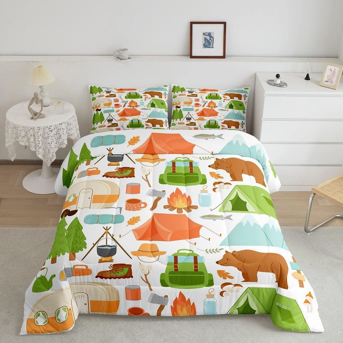 Cute Camper Car Comforter Set Twin, Happy Camping Bedding Sets for Kids Girls Boys, Woodland Bear Hunting Theme Quilt Set, Camper Accessories Bedding, Travel Trailers Rv Decoration Down Comforter