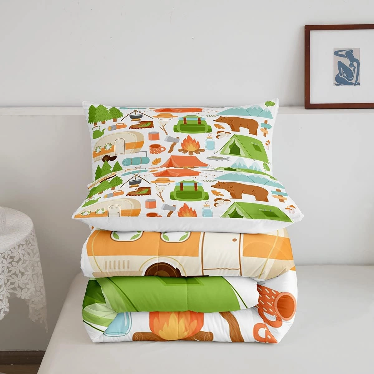 Cute Camper Car Comforter Set Twin, Happy Camping Bedding Sets for Kids Girls Boys, Woodland Bear Hunting Theme Quilt Set, Camper Accessories Bedding, Travel Trailers Rv Decoration Down Comforter