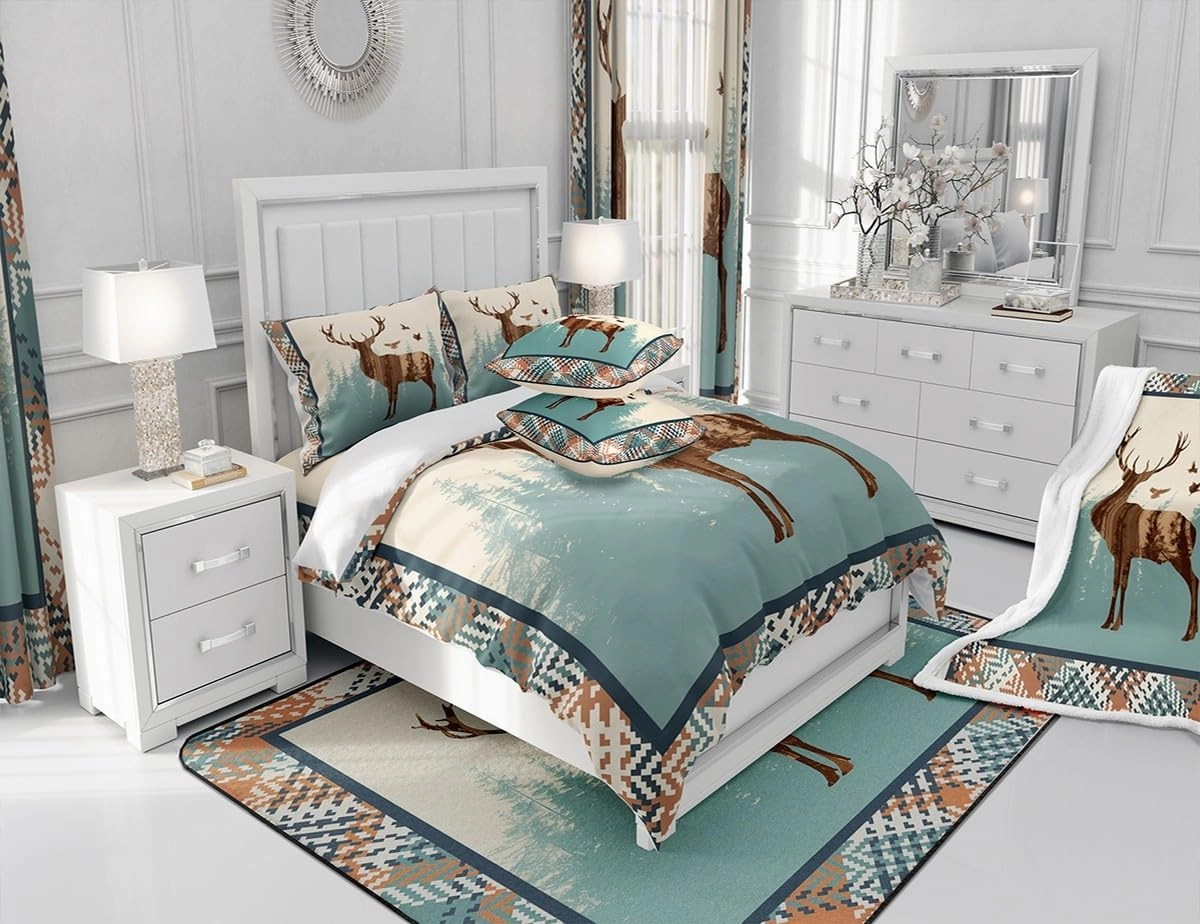 Cute Deer Comforter Set Antlers Pattern Bedding Set for Teens Deer Hunting Wild Aniamls Bedding Set Western Farmhouse Blue Brown Grid Duvet Set Room Decor 3Pcs with 2 Pillow Case King Size