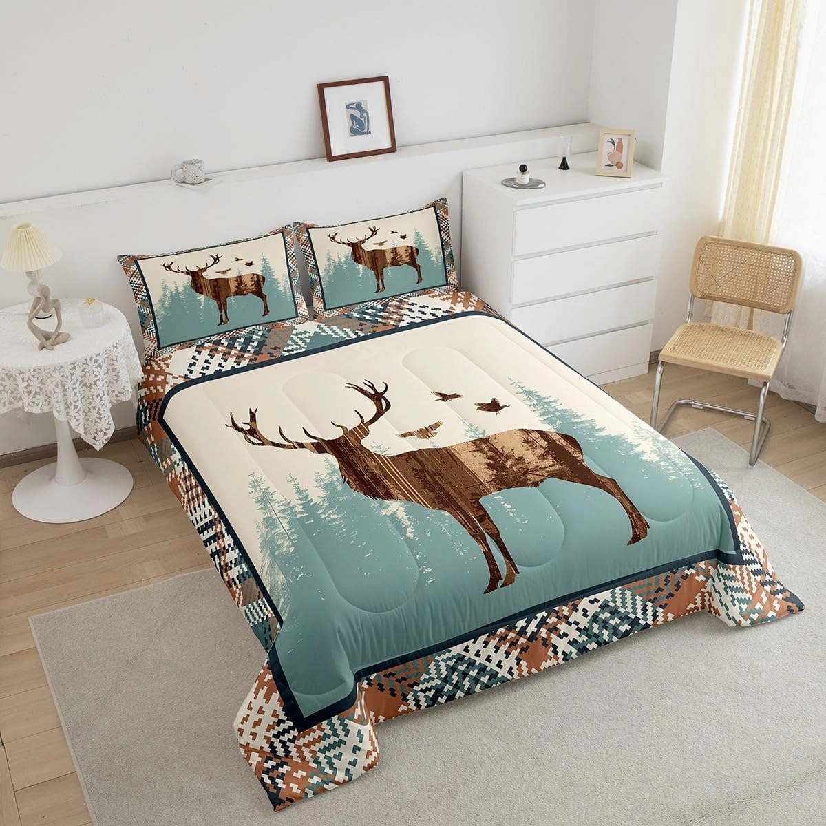 Cute Deer Comforter Set Antlers Pattern Bedding Set for Teens Deer Hunting Wild Aniamls Bedding Set Western Farmhouse Blue Brown Grid Duvet Set Room Decor 3Pcs with 2 Pillow Case King Size