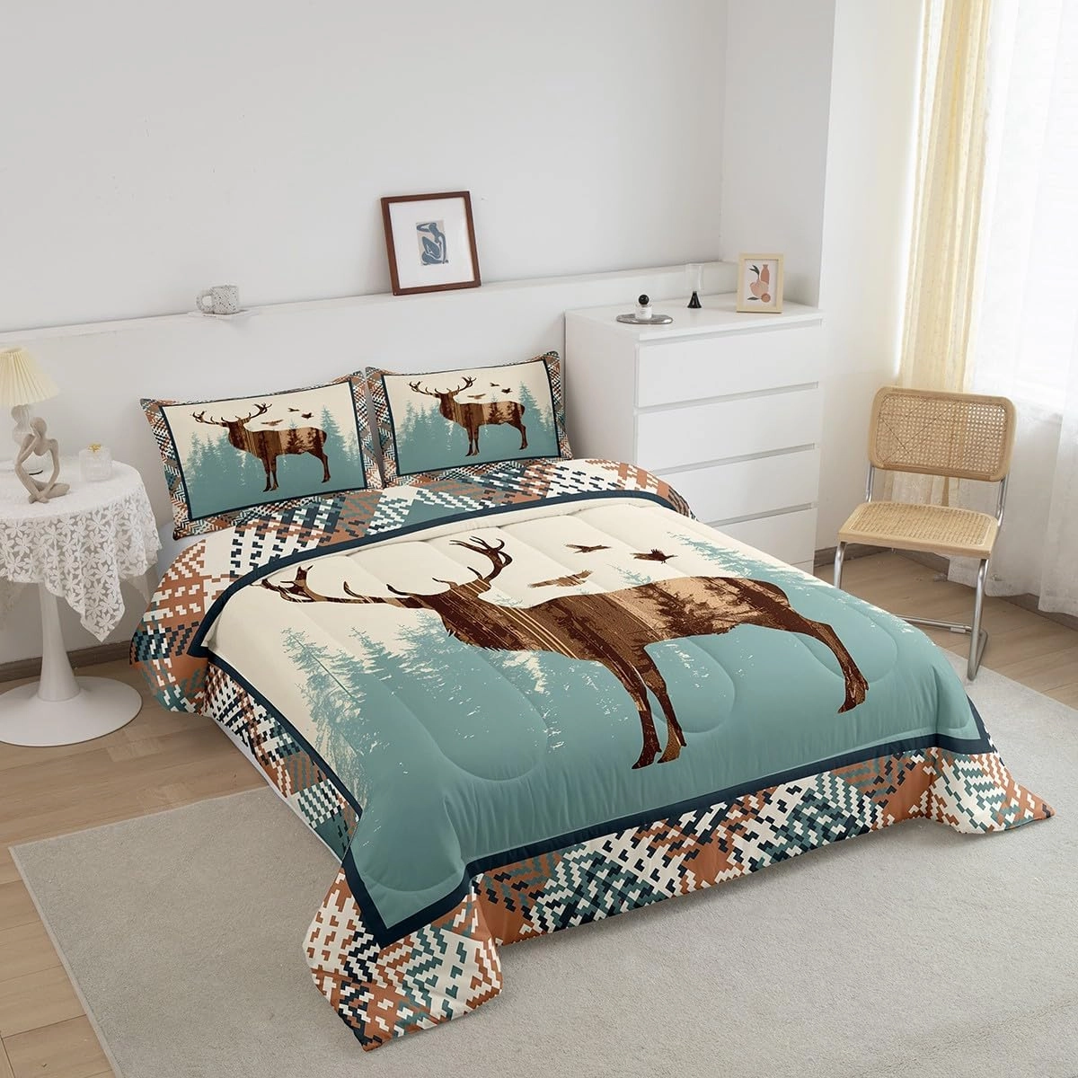 Cute Deer Comforter Set Antlers Pattern Bedding Set for Teens Deer Hunting Wild Aniamls Bedding Set Western Farmhouse Blue Brown Grid Duvet Set Room Decor 3Pcs with 2 Pillow Case King Size