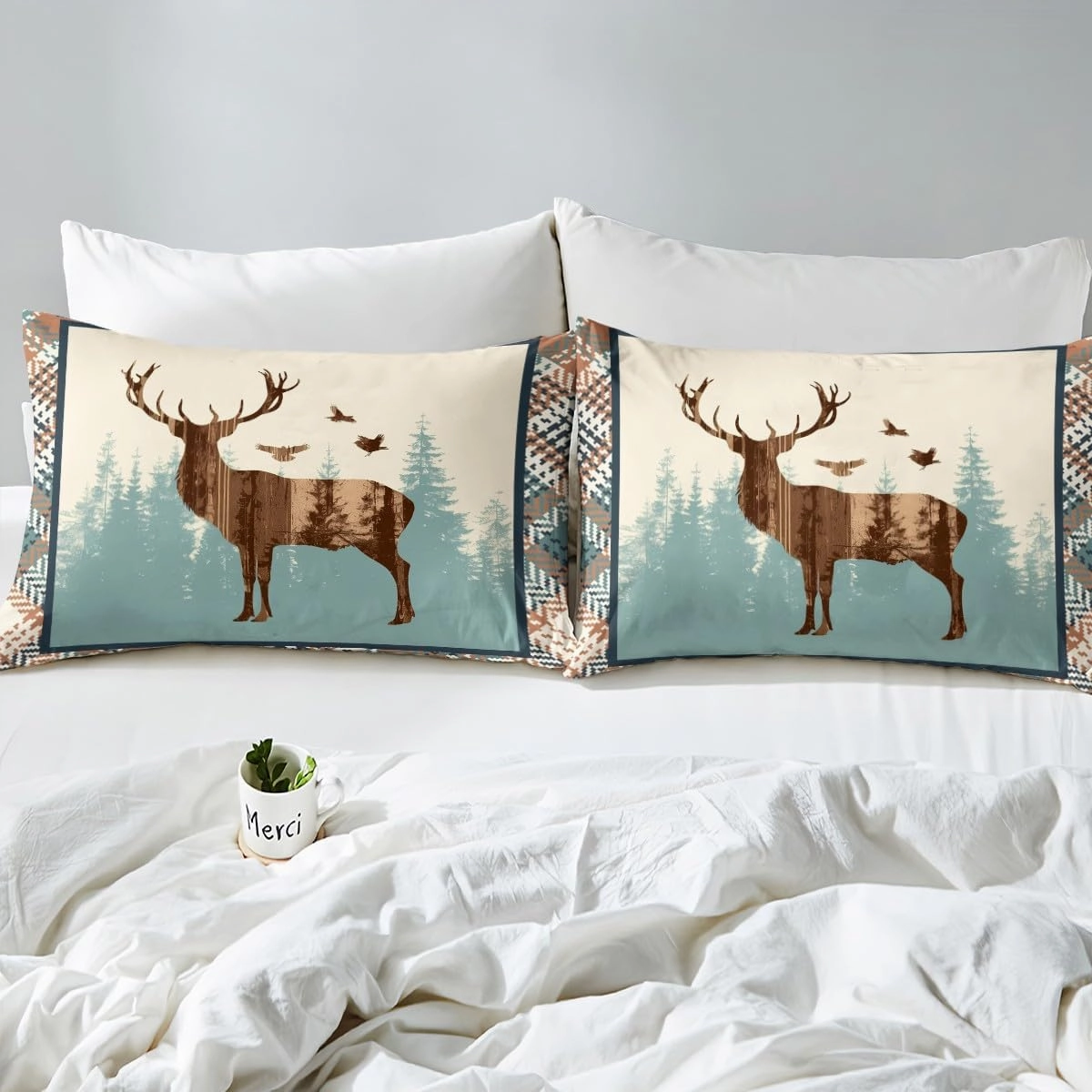 Cute Deer Comforter Set Antlers Pattern Bedding Set for Teens Deer Hunting Wild Aniamls Bedding Set Western Farmhouse Blue Brown Grid Duvet Set Room Decor 3Pcs with 2 Pillow Case King Size