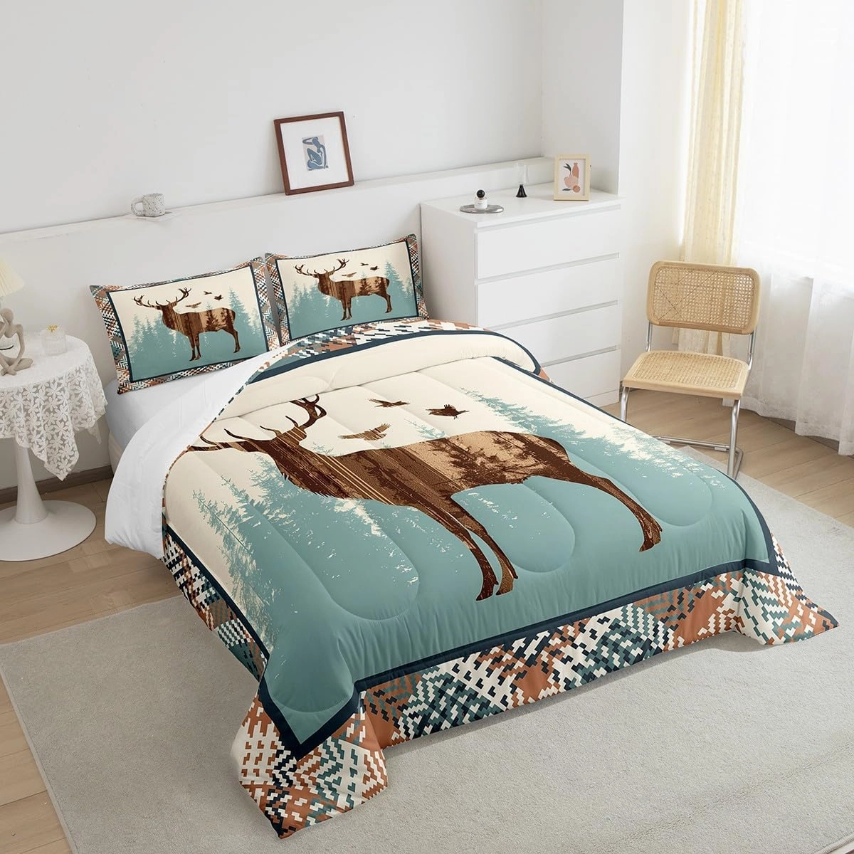Cute Deer Comforter Set Antlers Pattern Bedding Set for Teens Deer Hunting Wild Aniamls Bedding Set Western Farmhouse Blue Brown Grid Duvet Set Room Decor 3Pcs with 2 Pillow Case King Size