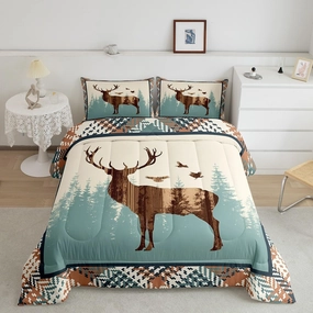 Cute Deer Comforter Set Antlers Pattern Bedding Set for Teens Deer Hunting Wild Aniamls Bedding Set Western Farmhouse Blue Brown Grid Duvet Set Room Decor 3Pcs with 2 Pillow Case King Size