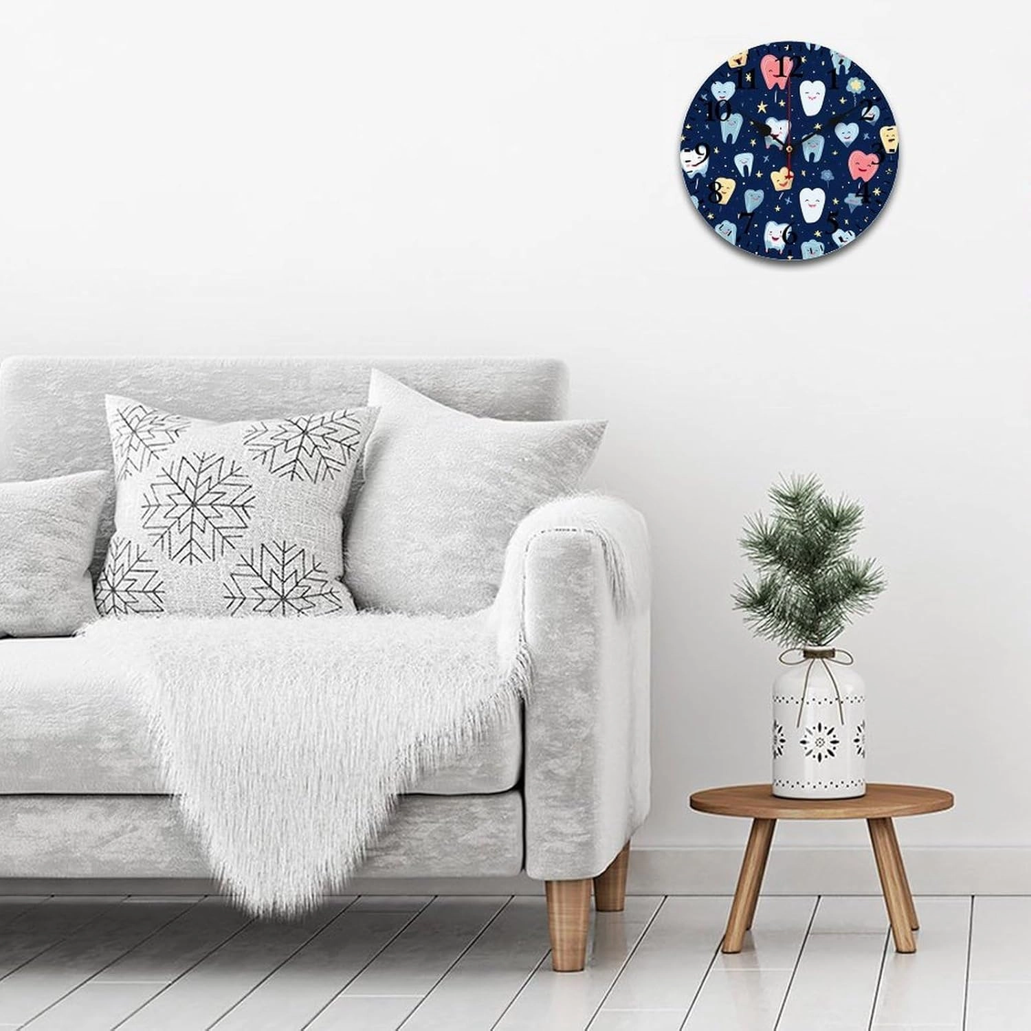Cute Dental Tooth Wall Clock Silent Non-Ticking Battery Operated Wooden Clock Decoration for Home Office Living Room