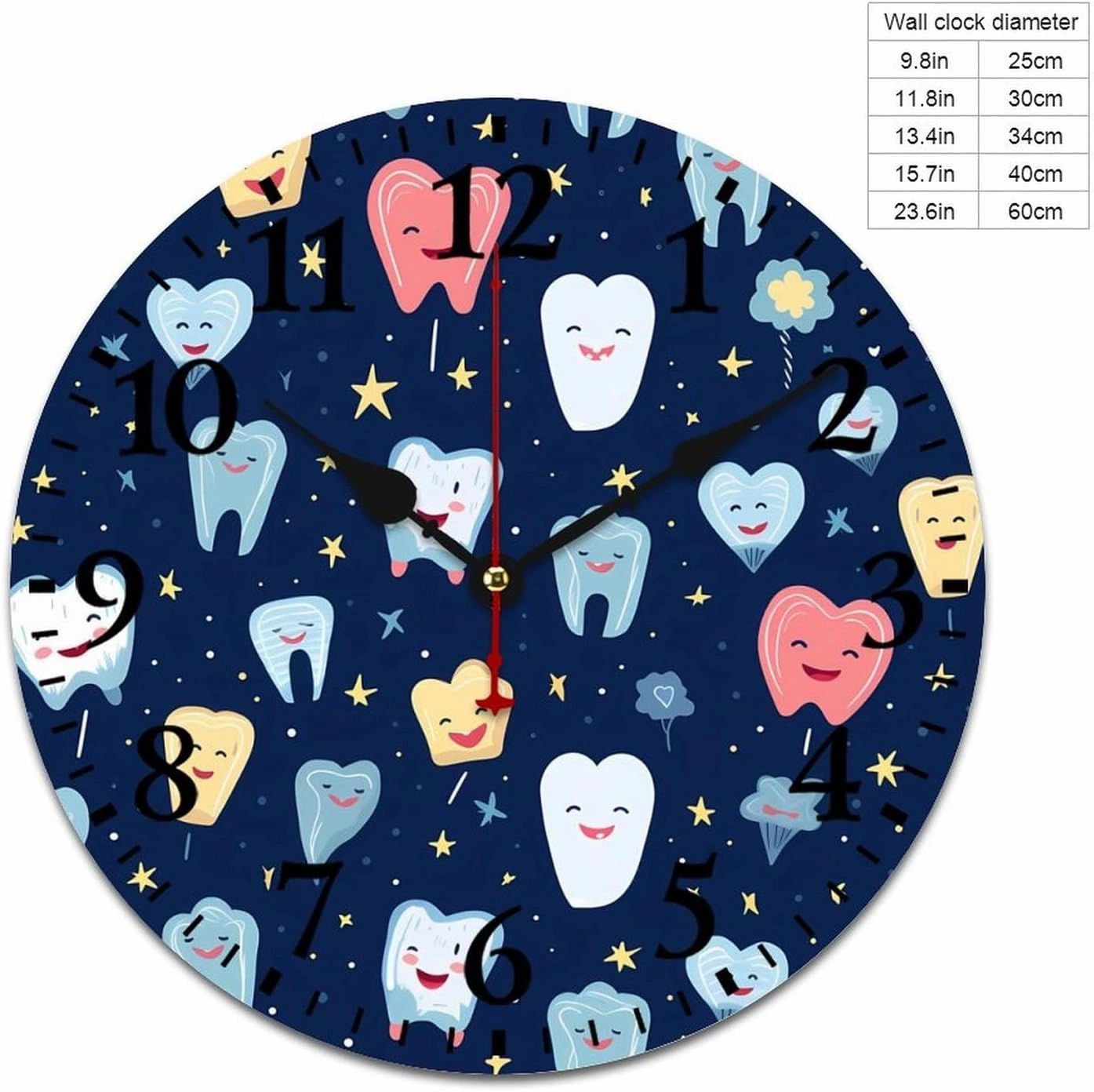 Cute Dental Tooth Wall Clock Silent Non-Ticking Battery Operated Wooden Clock Decoration for Home Office Living Room