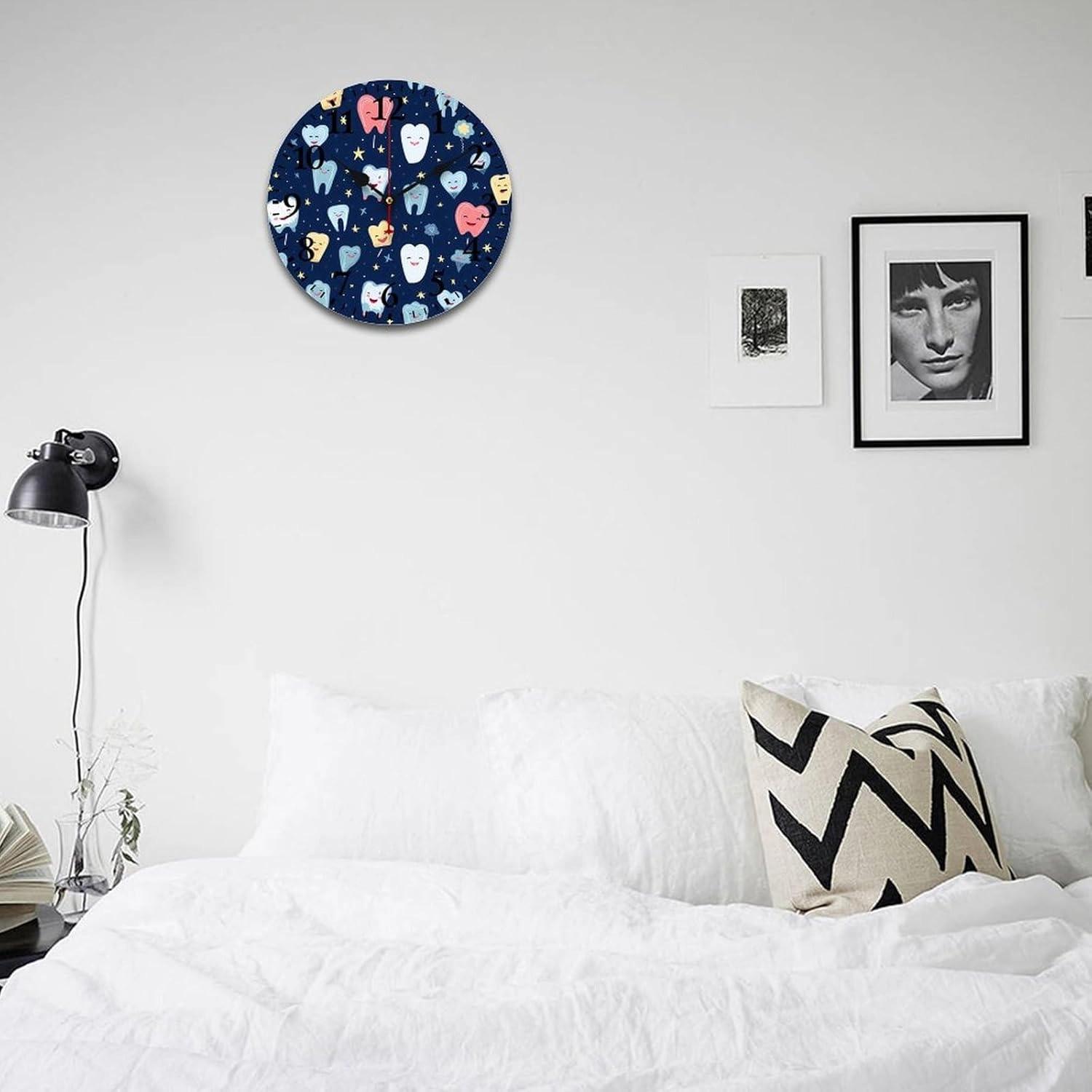 Cute Dental Tooth Wall Clock Silent Non-Ticking Battery Operated Wooden Clock Decoration for Home Office Living Room
