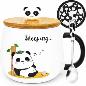 Cute Panda Coffe Mugs Gift with Lid & Spoon Panda Print Stuff Kitchen Decor 400ml Kawaii Ceramic Tea Coffee Cup 3D Animal Mug Birthday Gifts for Women Men Girls Pandas Lovers