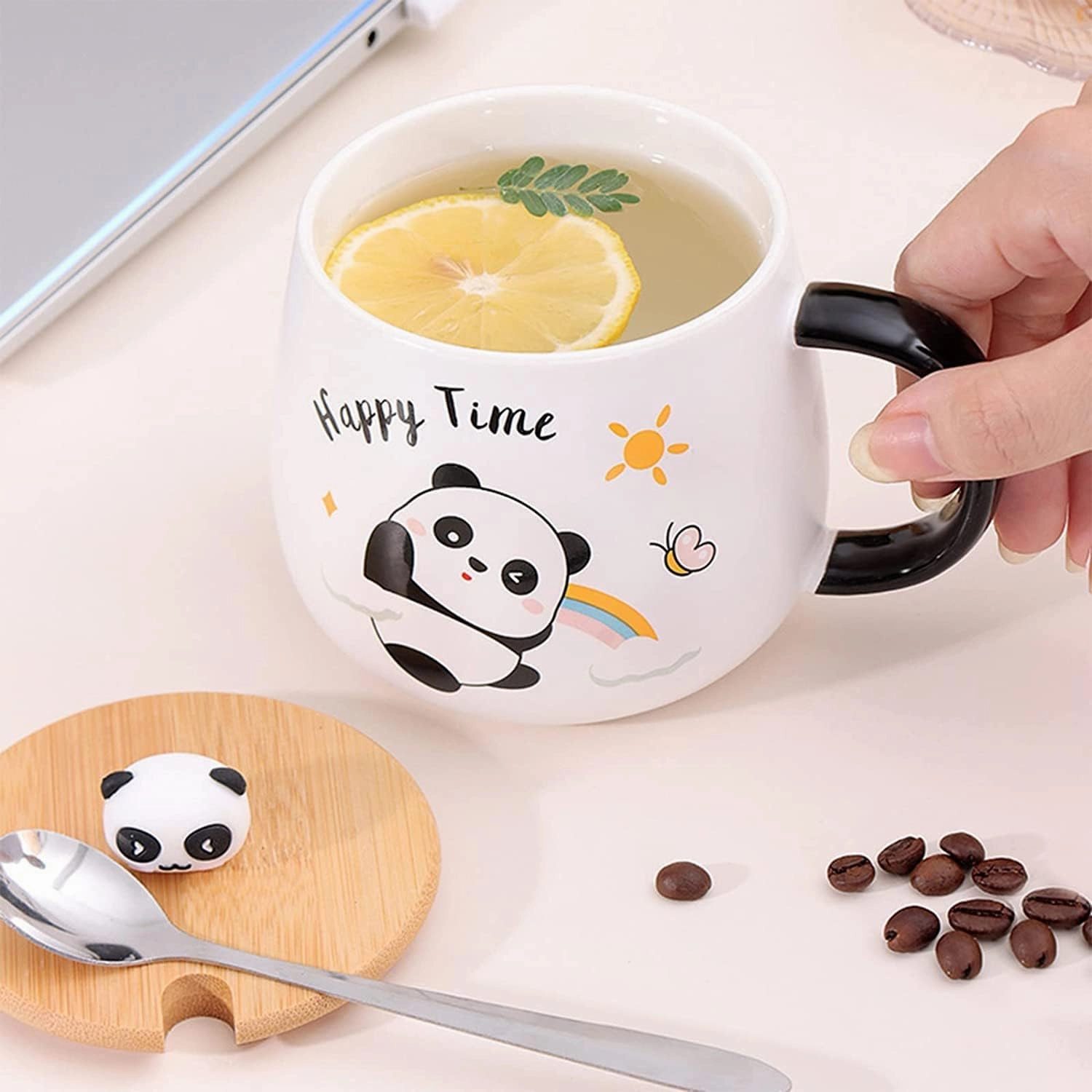 Cute Panda Coffe Mugs Gift with Lid & Spoon Panda Print Stuff Kitchen Decor 400ml Kawaii Ceramic Tea Coffee Cup 3D Animal Mug Birthday Gifts for Women Men Girls Pandas Lovers