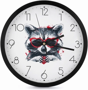 Cute Raccoon Lovers Heart Wall Clock 10 Inch Silent Non-ticking Battery Operated Decorative Clock for Kitchen Bedroom