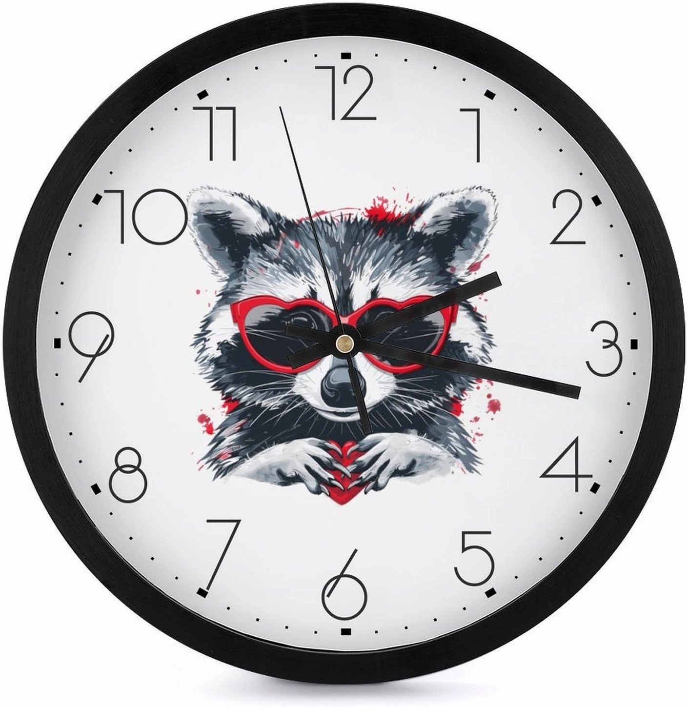 Cute Raccoon Lovers Heart Wall Clock 10 Inch Silent Non-ticking Battery Operated Decorative Clock for Kitchen Bedroom