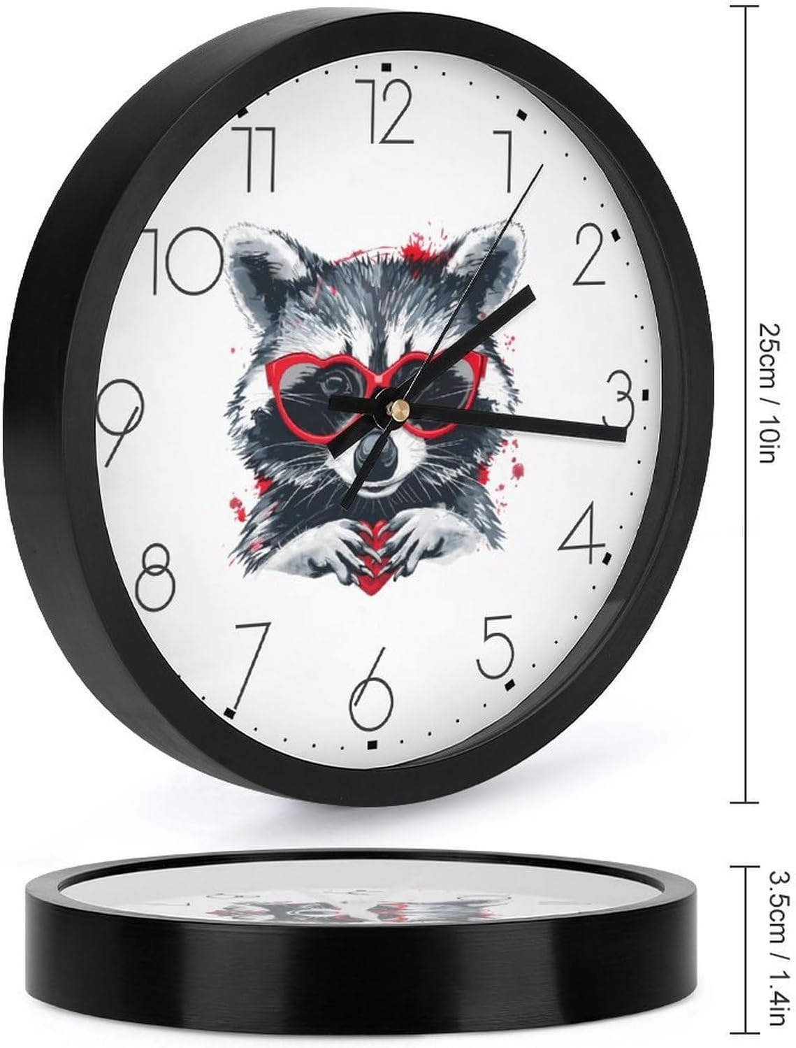 Cute Raccoon Lovers Heart Wall Clock 10 Inch Silent Non-ticking Battery Operated Decorative Clock for Kitchen Bedroom