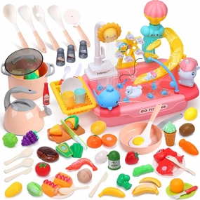 CUTE STONE Kids Play Sink with Running Water, Fishing Game, 60  Kitchen Accessories, Pretend Cooking & Cutting Food Toy Set for Toddlers, Boys & Girls Ages 3 