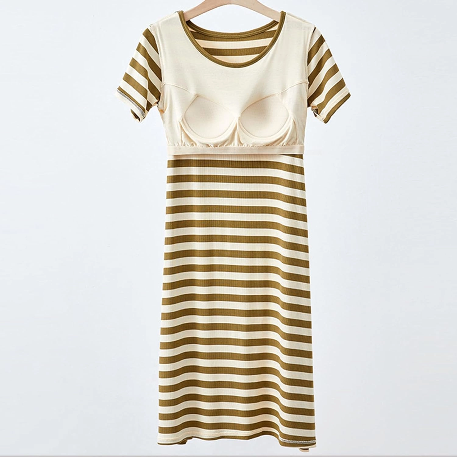 Cute Striped Built-in Bra Nightgown for Women Short Sleeve Scoop Neck Comfy Sleepdress Fashion Loungewear Nightshirt