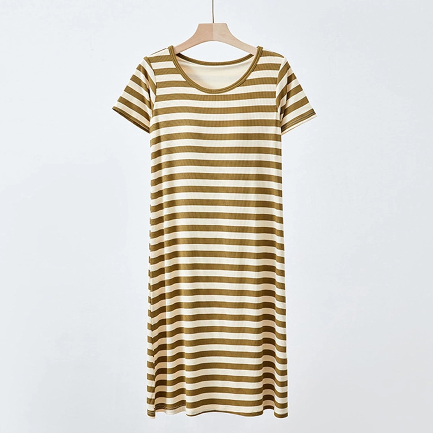 Cute Striped Built-in Bra Nightgown for Women Short Sleeve Scoop Neck Comfy Sleepdress Fashion Loungewear Nightshirt