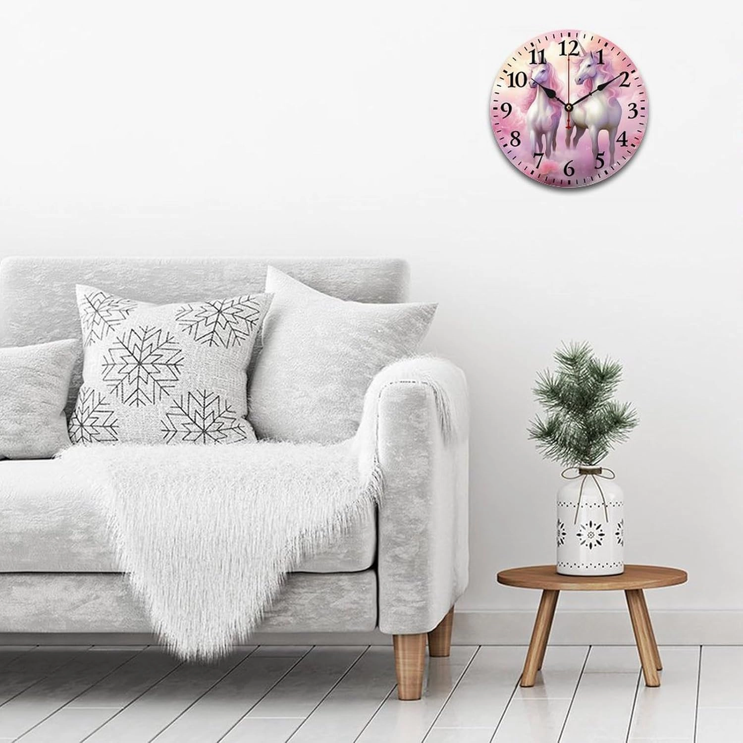 Cute Unicorns Wall Clock Silent Non-Ticking Battery Operated Wooden Clock Decoration for Home Office Living Room
