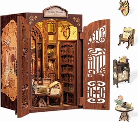 CUTEBEE DIY Book Nook Kit, Miniature House Kits for Adult and Teens, DIY Miniature Book Nook kit with Sensor Led Light, Gifts for Lovers and Family (Bookshop Memories)