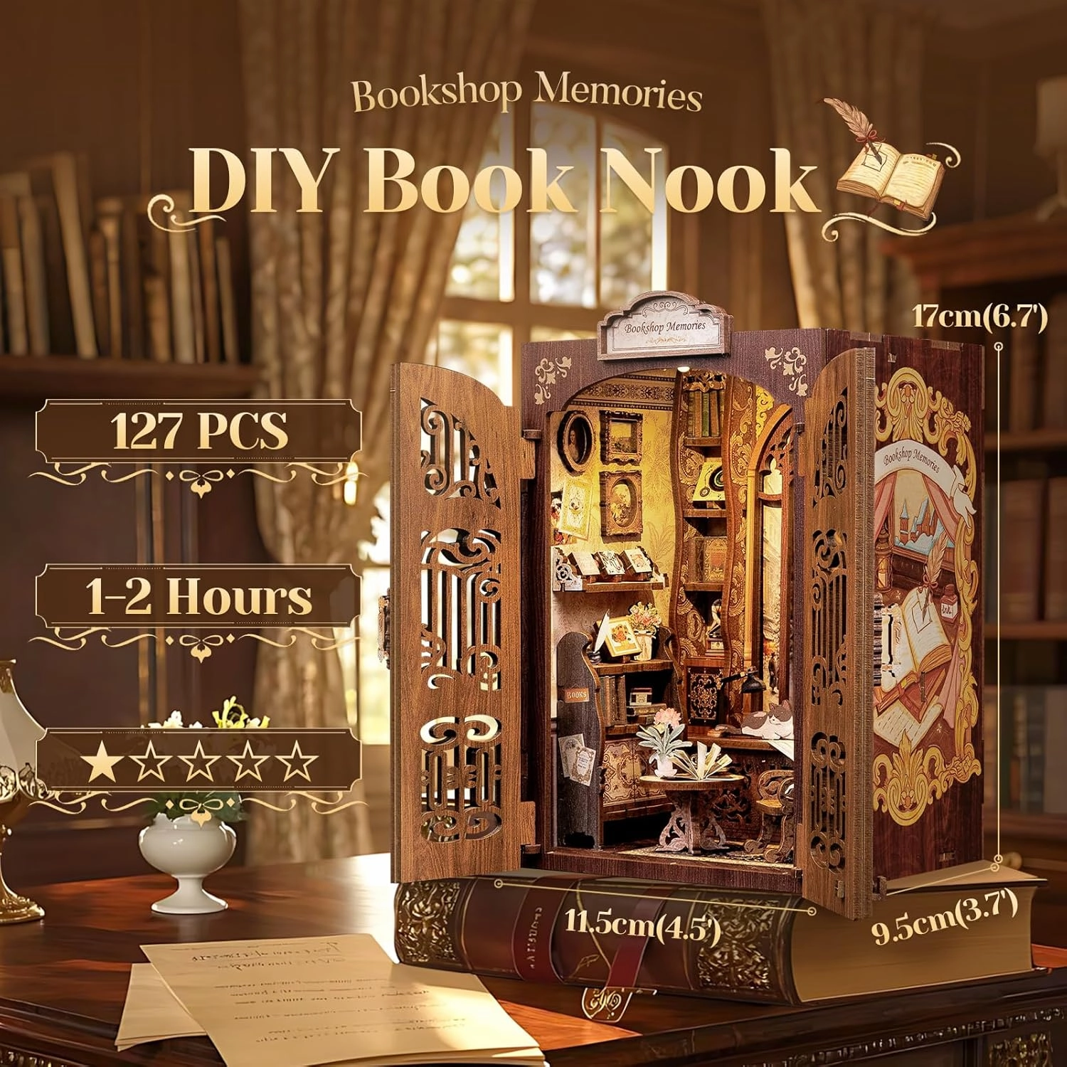 CUTEBEE DIY Book Nook Kit, Miniature House Kits for Adult and Teens, DIY Miniature Book Nook kit with Sensor Led Light, Gifts for Lovers and Family (Bookshop Memories)