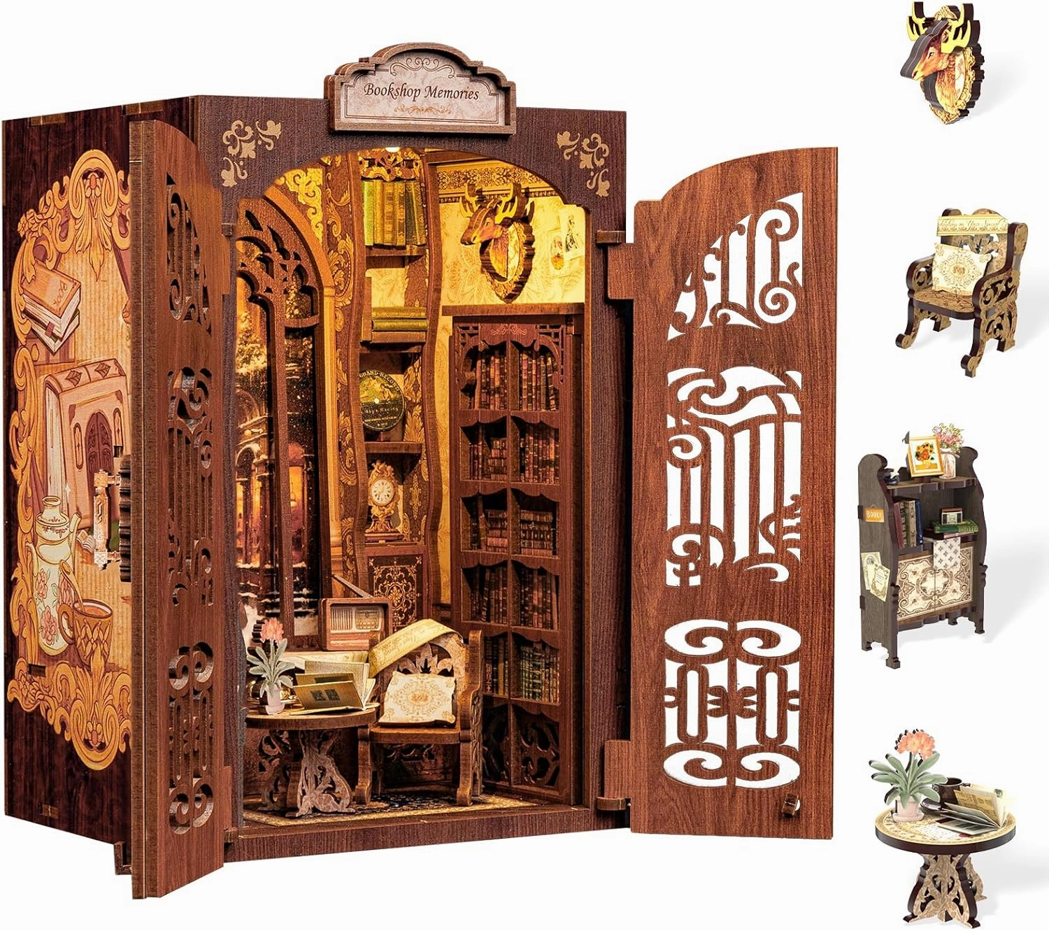 CUTEBEE DIY Book Nook Kit, Miniature House Kits for Adult and Teens, DIY Miniature Book Nook kit with Sensor Led Light, Gifts for Lovers and Family (Bookshop Memories)