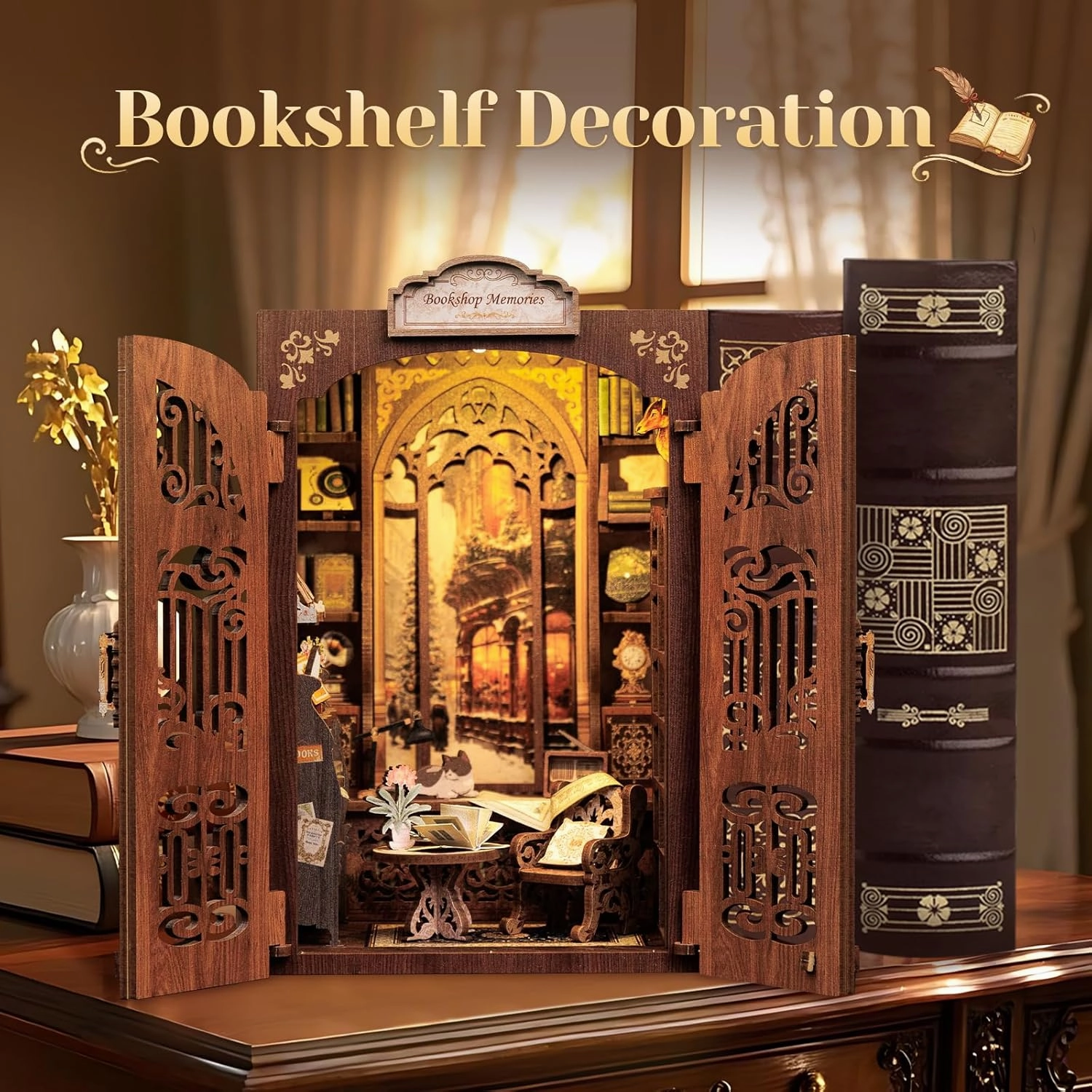 CUTEBEE DIY Book Nook Kit, Miniature House Kits for Adult and Teens, DIY Miniature Book Nook kit with Sensor Led Light, Gifts for Lovers and Family (Bookshop Memories)