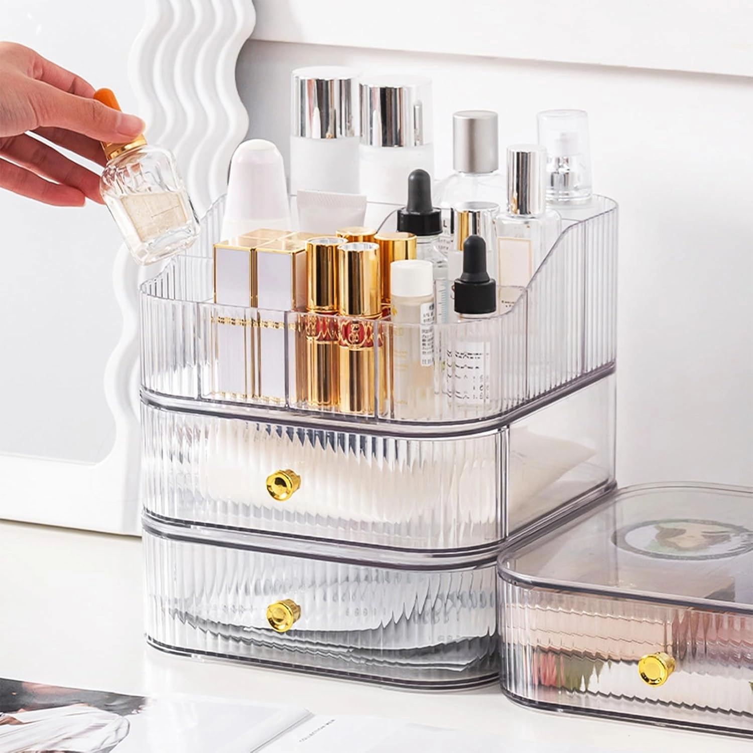 DASITON Makeup Organizer for Vanity,Large Capacity Skincare Organizers with Makeup Brush Holder,Stackable Cosmetic Organizer for Countertop,Cosmetic Display Cases for Lipstick,Perfume,Jewelry(Clear-2)