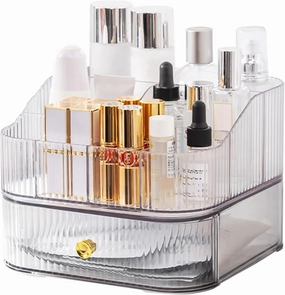 DASITON Makeup Organizer for Vanity,Large Capacity Skincare Organizers with Makeup Brush Holder,Stackable Cosmetic Organizer for Countertop,Cosmetic Display Cases for Lipstick,Perfume,Jewelry(Clear-2)