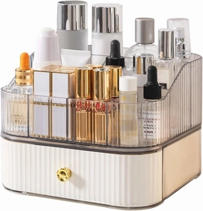 DASITON Makeup Organizer for Vanity,Large Capacity Skincare Organizers with Makeup Brush Holder,Stackable Cosmetic Organizer for Countertop,Cosmetic Display Cases for Lipstick,Perfume,Jewelry(Cream-2)