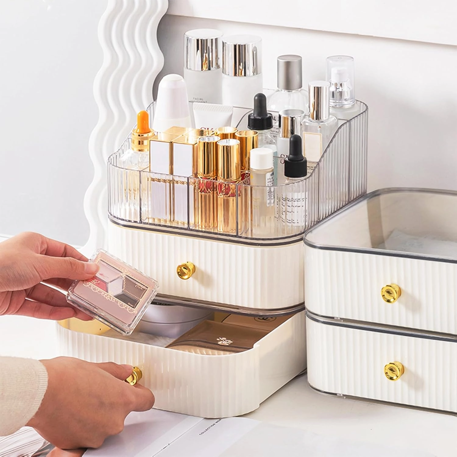 DASITON Makeup Organizer for Vanity,Large Capacity Skincare Organizers with Makeup Brush Holder,Stackable Cosmetic Organizer for Countertop,Cosmetic Display Cases for Lipstick,Perfume,Jewelry(Cream-2)