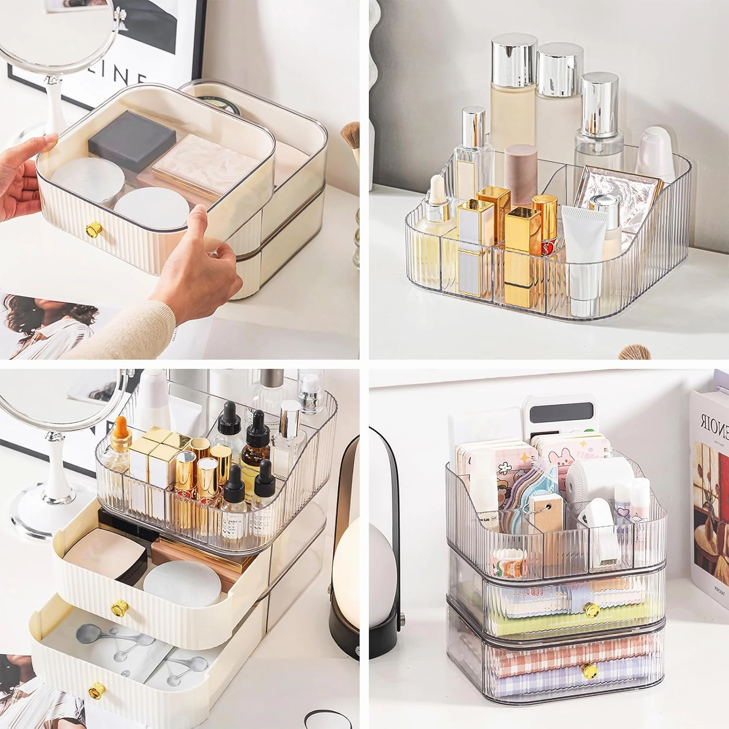 DASITON Makeup Organizer for Vanity,Large Capacity Skincare Organizers with Makeup Brush Holder,Stackable Cosmetic Organizer for Countertop,Cosmetic Display Cases for Lipstick,Perfume,Jewelry(Cream-2)