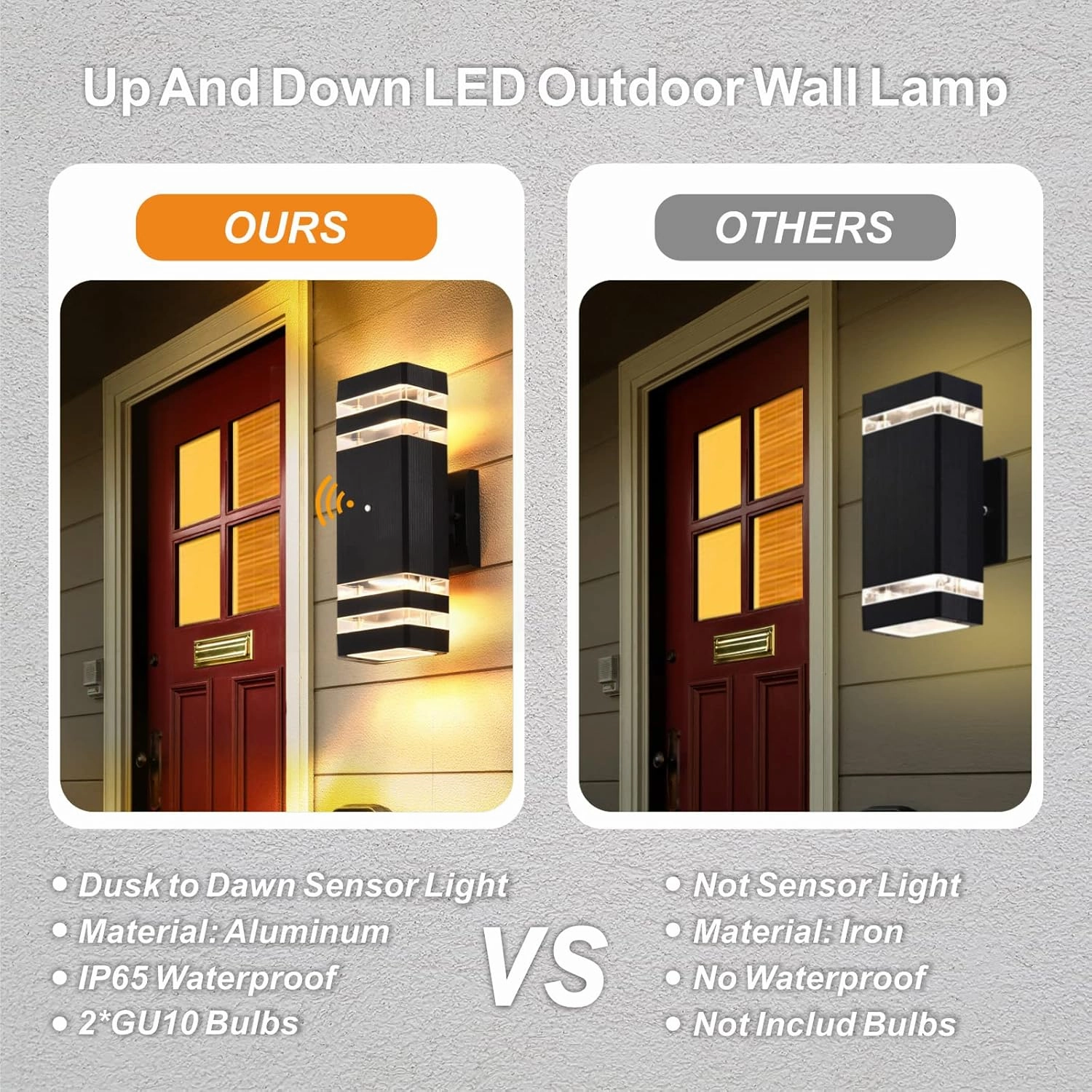 DASTOR Dusk to Dawn Outdoor Wall Light, 3000K Warm White Up and Down Light Outdoor Wall Sconce, Square Aluminum Exterior Light Fixture for Porch Patio Garage