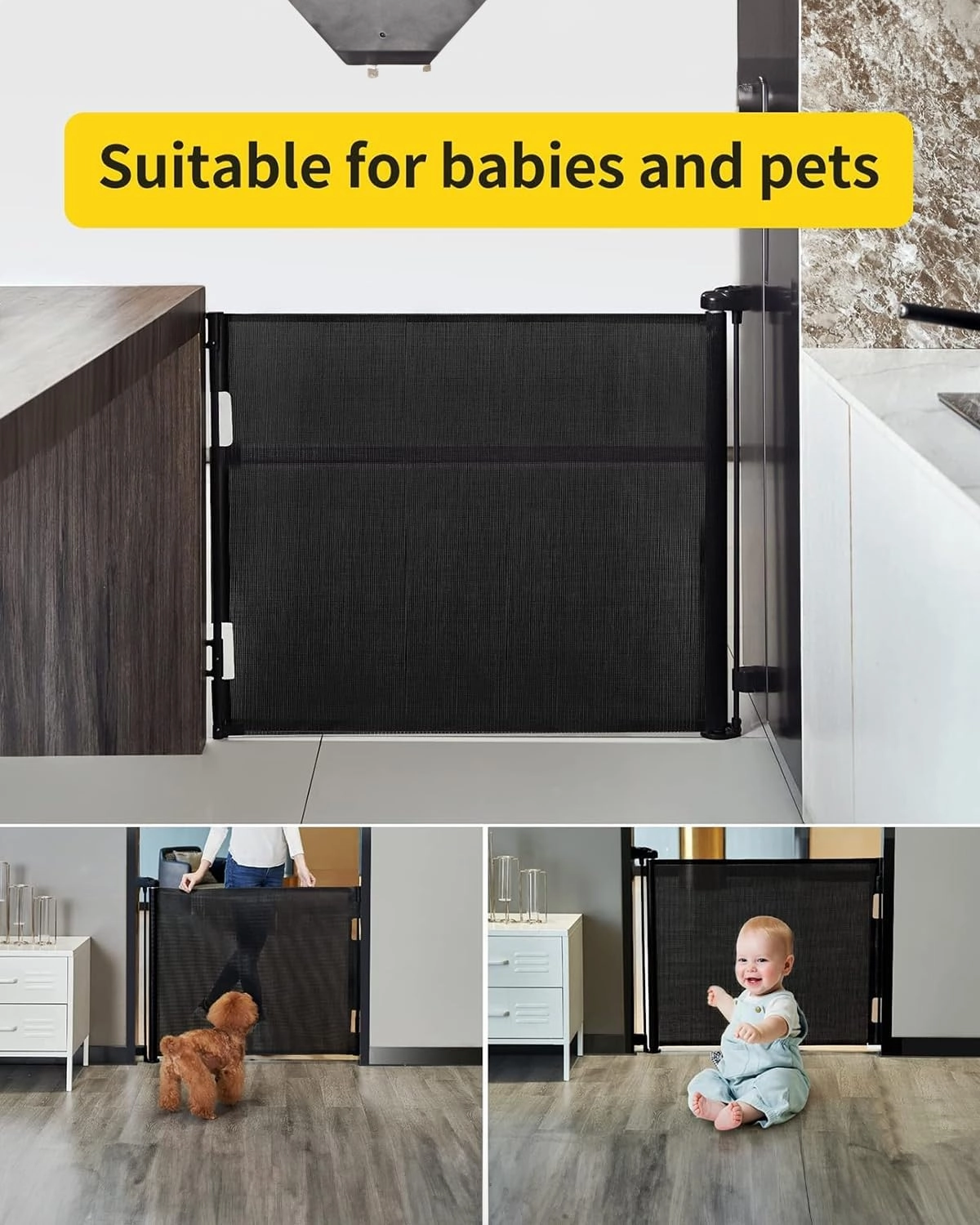 dearlomum Retractable Baby Gate,Mesh Baby Gate or Mesh Dog Gate,33" Tall,Extends up to 55" Wide,Child Safety Gate for Doorways, Stairs, Hallways, Indoor/Outdoor（Black,33"x55")