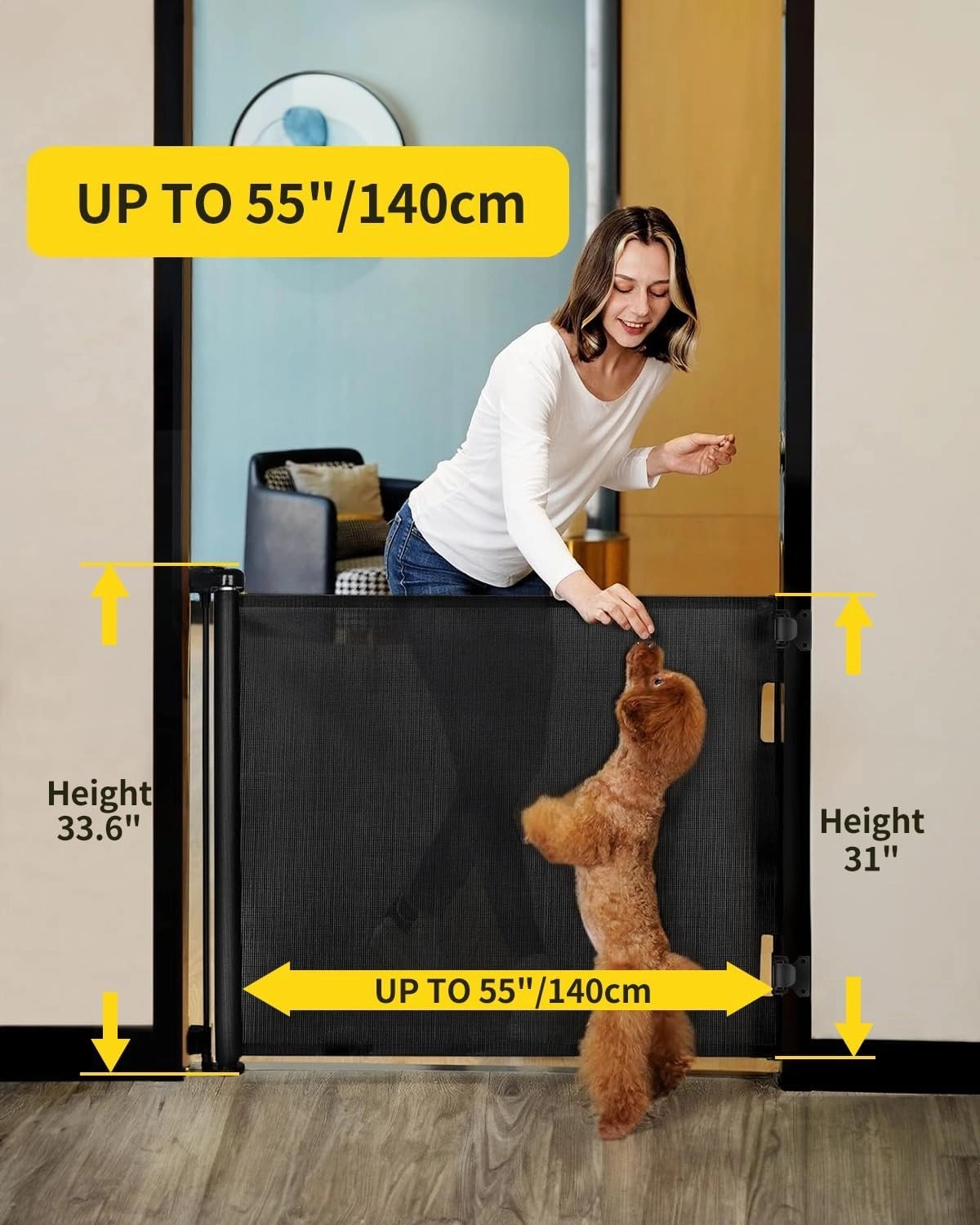 dearlomum Retractable Baby Gate,Mesh Baby Gate or Mesh Dog Gate,33" Tall,Extends up to 55" Wide,Child Safety Gate for Doorways, Stairs, Hallways, Indoor/Outdoor（Black,33"x55")